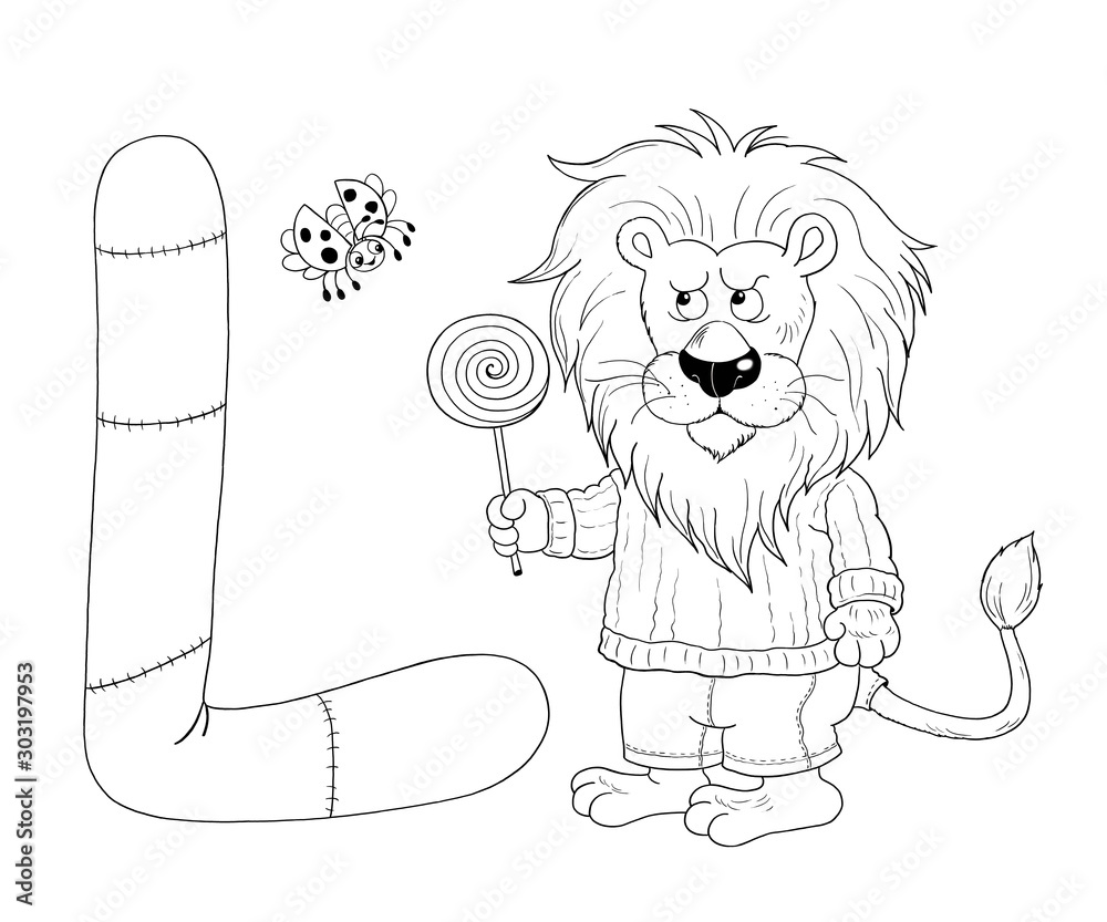 English alphabet abc capital letter l lion lollipop ladybird coloring book coloring page cute and funny cartoon characters isolated on white illustration