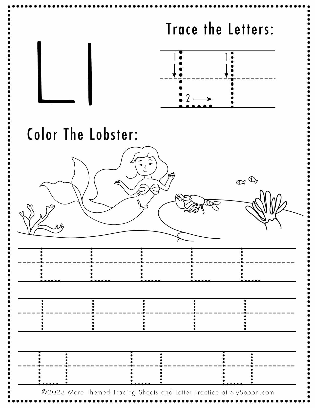 Free letter l tracing worksheet printable mermaid themed
