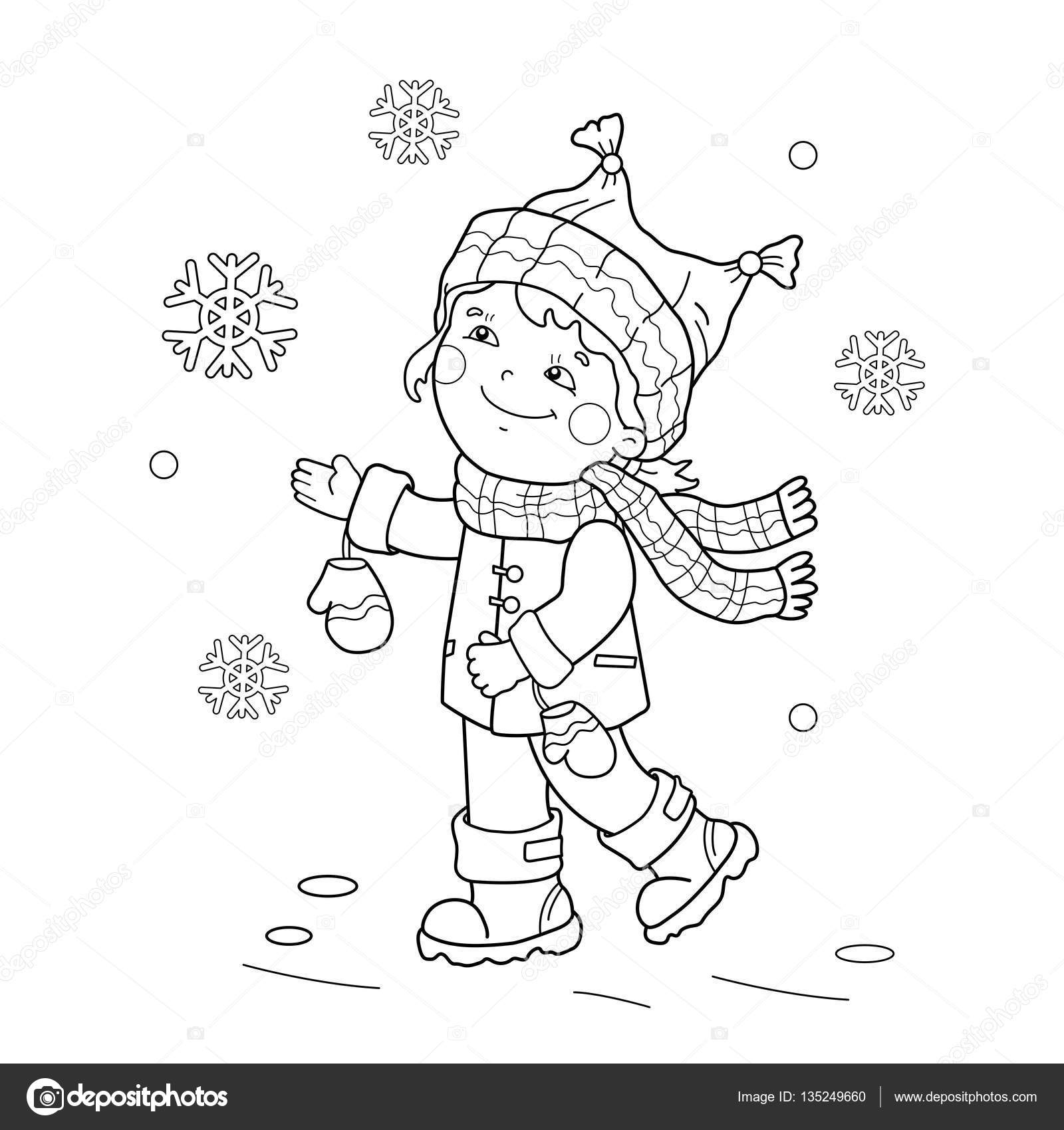 Pãgina para colorear esquema de chica de dibujos animados regocijãndose en la primera nieve el invierno libro para colorear para niãos vector de stock por oleon