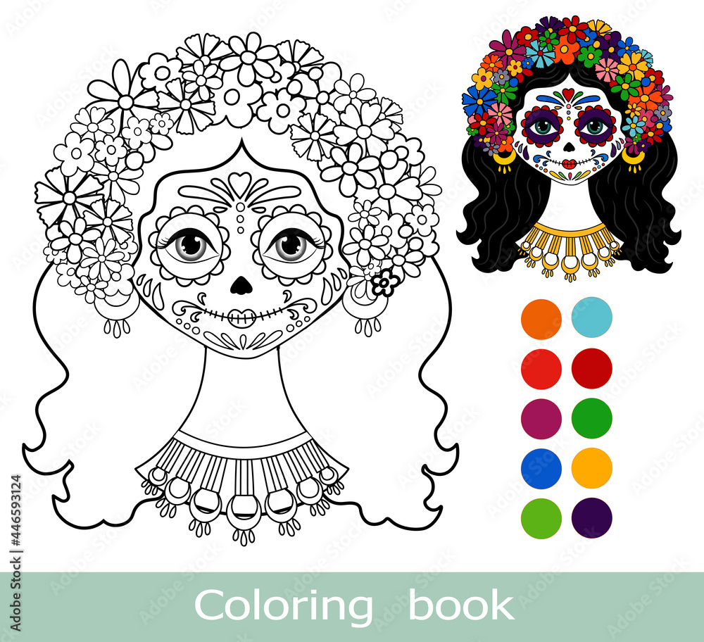 Coloring book page catrina dia de los muertos day of the dead woman make up of sugar skull isolated contour for coloring book page cartoon kids coloring bookchildren gamecalavera catrina isolated vector