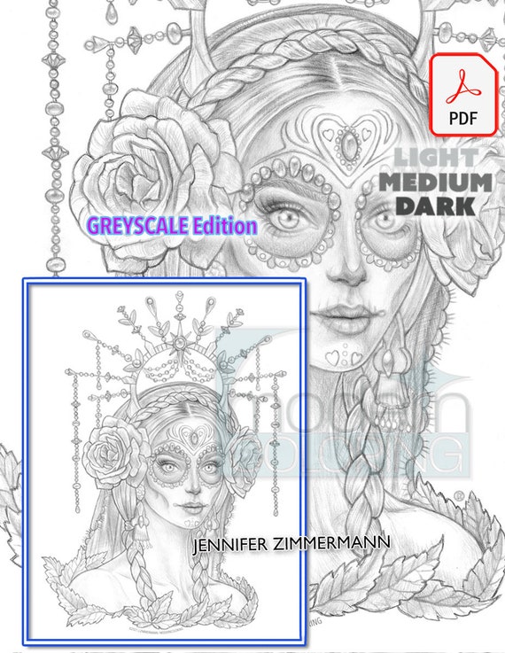 La catrina coloring page halloween sugar skull mexico day of the dead portrait single page greyscale printable jennifer zimmermann