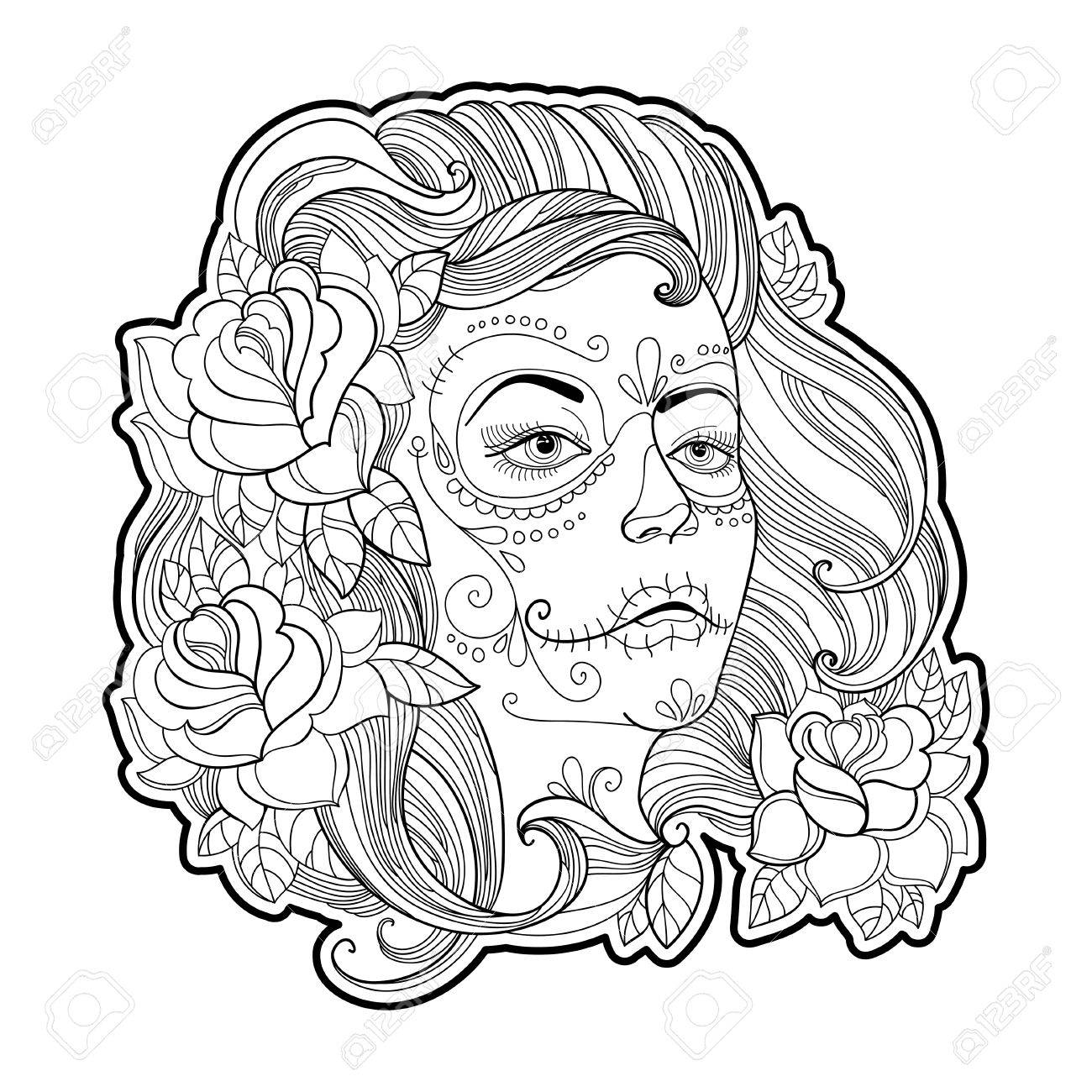 Girl face with sugar skull or calavera catrina makeup and roses isolated on white vector illustration for mexican day of the dead or dia de los muertos design for coloring book in