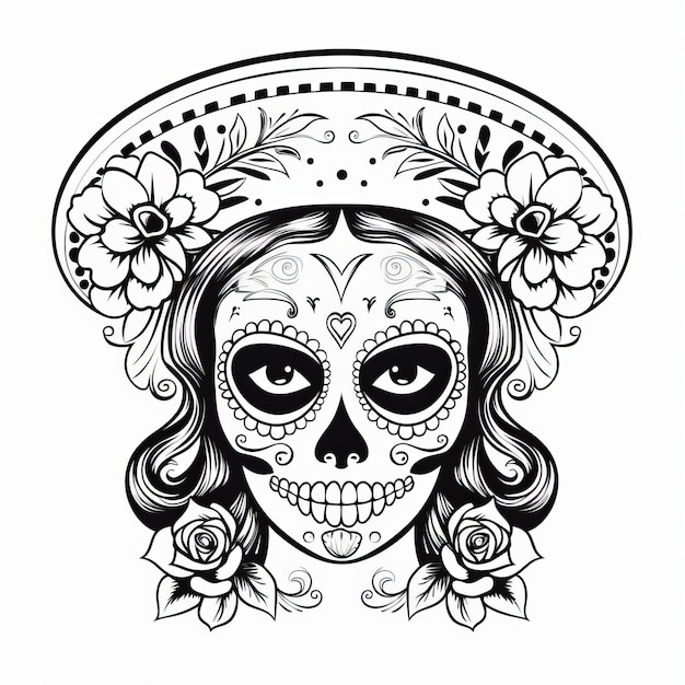 Premium ai image la catrina skelleton face simple easy coloring picture for kids with white background