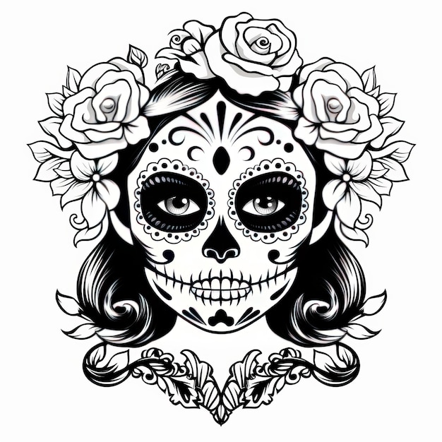 Premium ai image easy and fun la catrina skeleton face coloring picture for kids with a blank white background