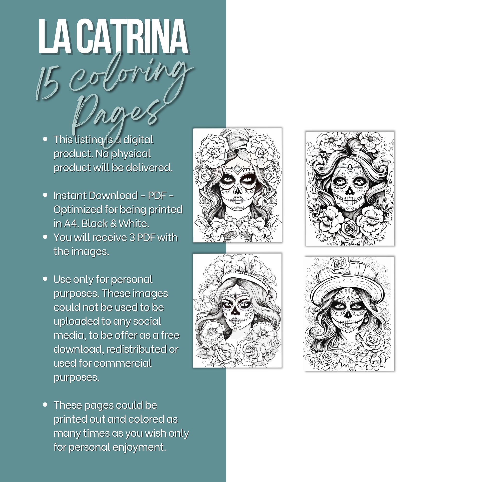 Coloring pages la catrina halloween printable pages pdf digital download