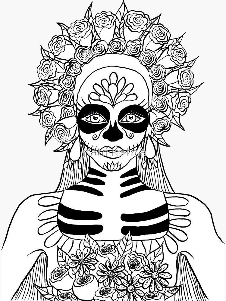 La calavera catrina sugar skull ink drawing sticker for sale by katri ketola
