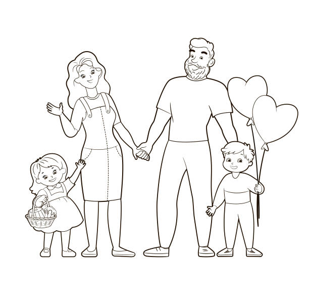 Coloring book friendly family dad mom son daughter are holding hands coloring book for children vector illustration in cartoon style black and white isolated line art stock illustration