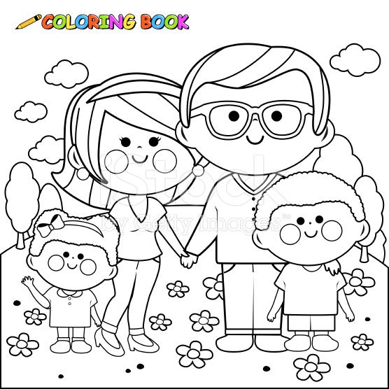 Vector black and white illustration of a happy family at the park family coloring pages coloring books family coloring