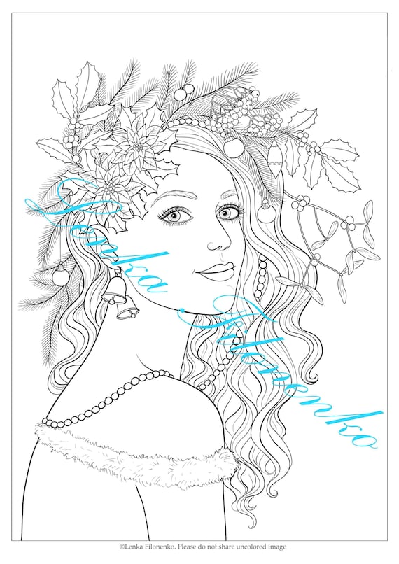 Coloring page for adults two coloring pages christmas girl line art and greyscale two a pdf printable files
