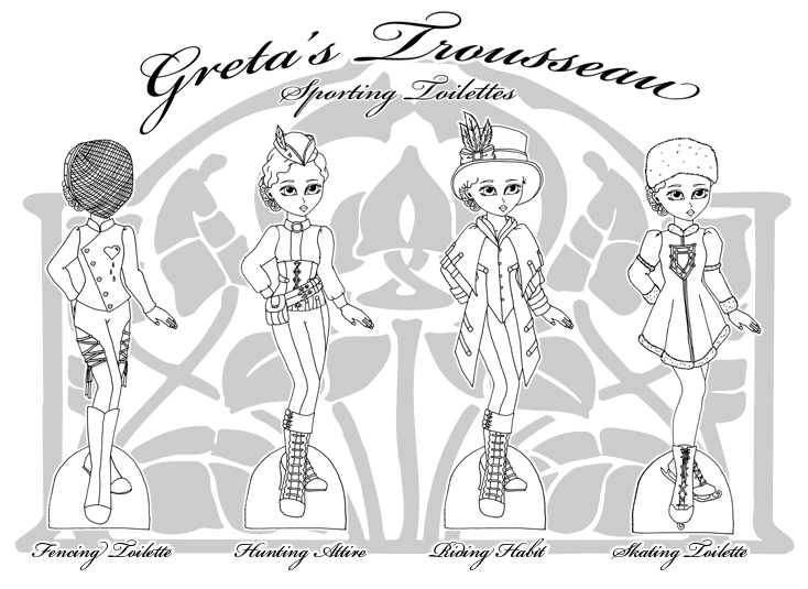 Steampunk paper doll trousseau sporting costumes