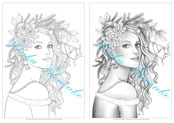 Coloring page for adults two coloring pages christmas girl line art and greyscale two a pdf printable files