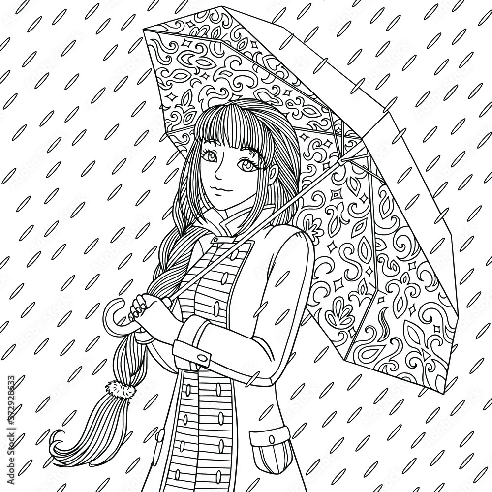 Girl in coat with umbrella rainy weather coloring book page for adult vector illustration with doodle pattern elements isolated on white vector