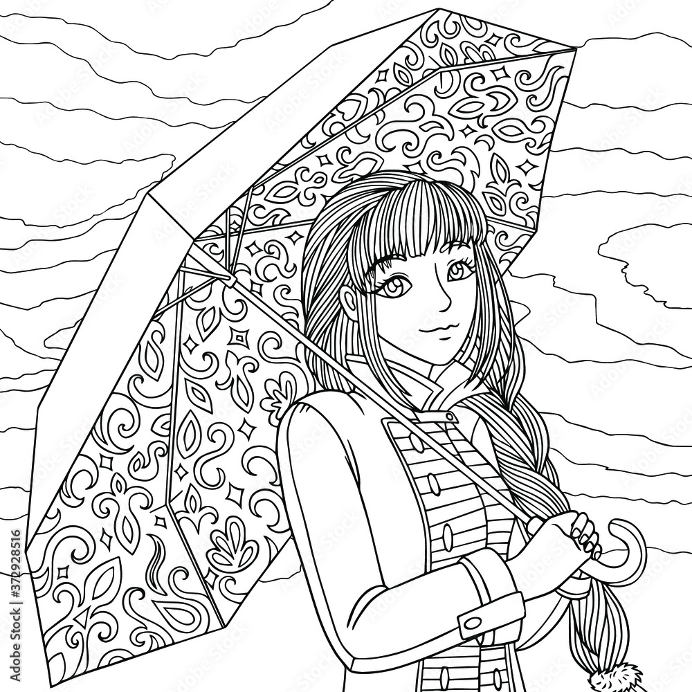 Girl in coat with umbrella autumn cloudy weather coloring book page for adult vector illustration with doodle pattern elements isolated on white vector