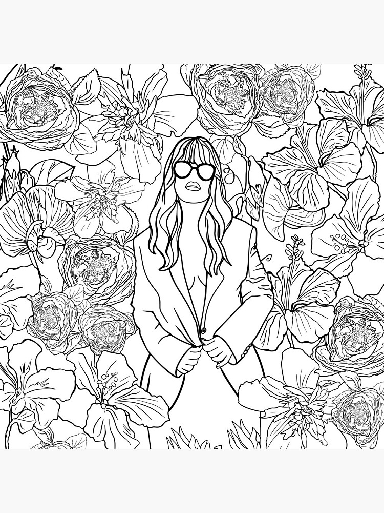 Antistress coloring page a beautiful girl in a jacket and sunglasses is posing a background of blossom tropical flowers pin for sale by anastasiia yurevych