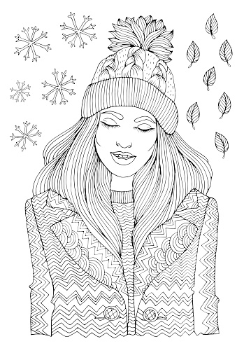 Fashion girl in a warm hat and coat coloring book stock illustration