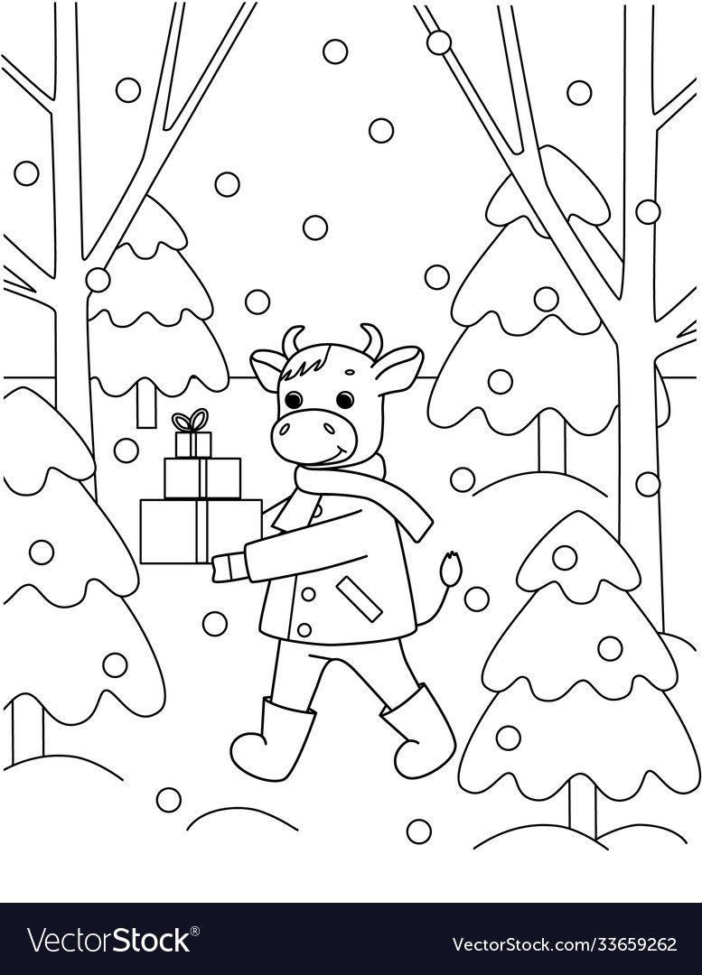 Coloring book with a bull in coat and scarf vector image