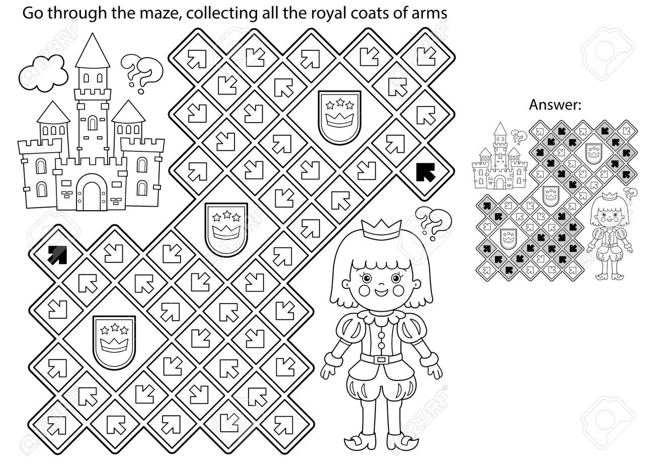 Maze or labyrinth game puzzle coloring page outline of cartoon lovely prince beautiful young king royal castle or palace fairy tale coloring book for kids royalty free svg cliparts vectors and stock