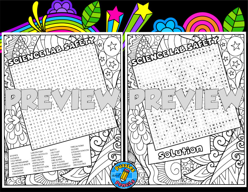 Science lab safety word search puzzle activity page with colouring teaching resources