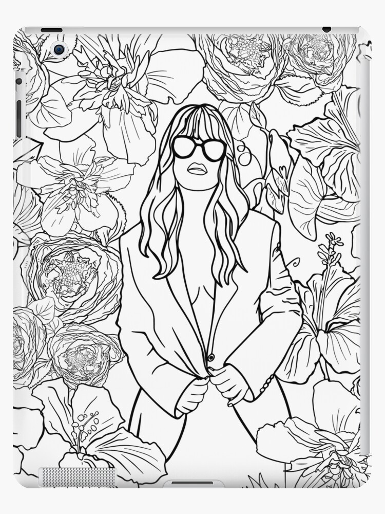 Antistress coloring page a beautiful girl in a jacket and sunglasses is posing a background of blossom tropical flowers ipad case skin for sale by anastasiia yurevych