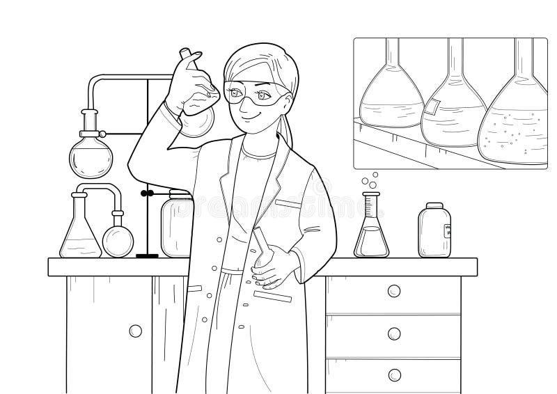 Coloring pages laboratory assistant in a chemical laboratory stock vector