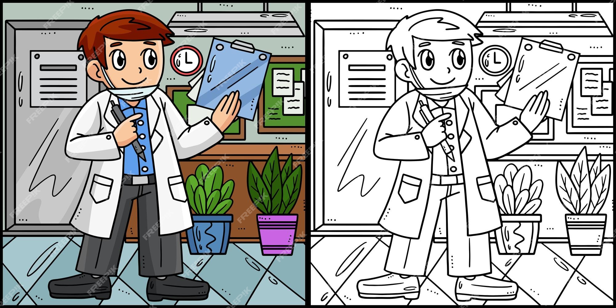 Premium vector this coloring page shows a doctor with a clipboard one side of this illustration is colored and serves as an inspiration for children