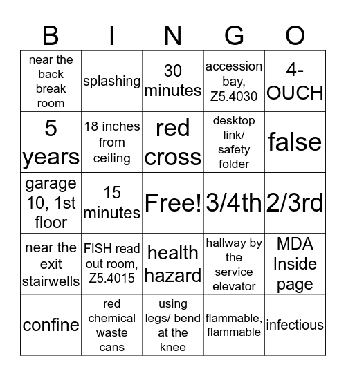 Gene team lab safety bingo card
