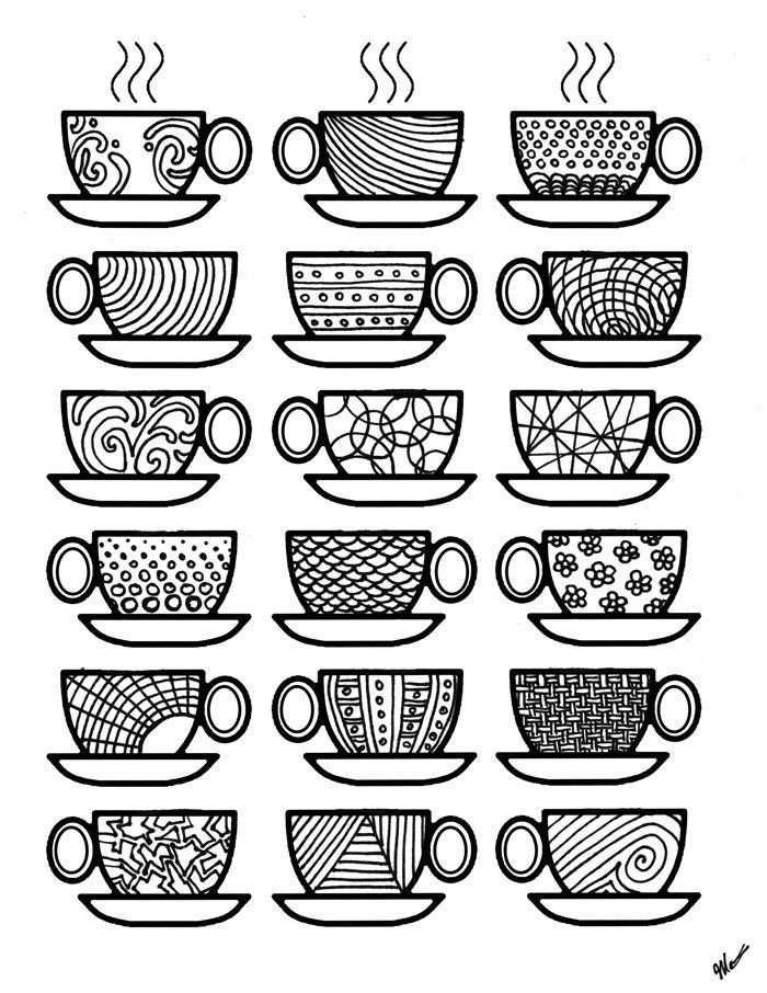 Colorful coffee cups printable adult coloring page