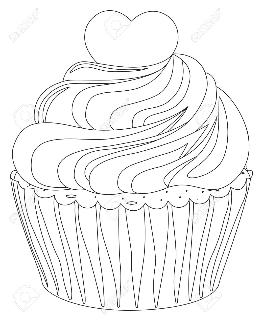 Black and white cupcake poster heart topping coloring book page for adults and kids fort food vector illustration for gift card certificate banner sticker badge sign stamp icon label royalty free svg