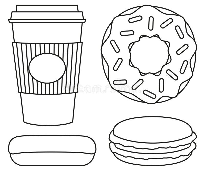 Line art black and white coffee and donut set stock vector
