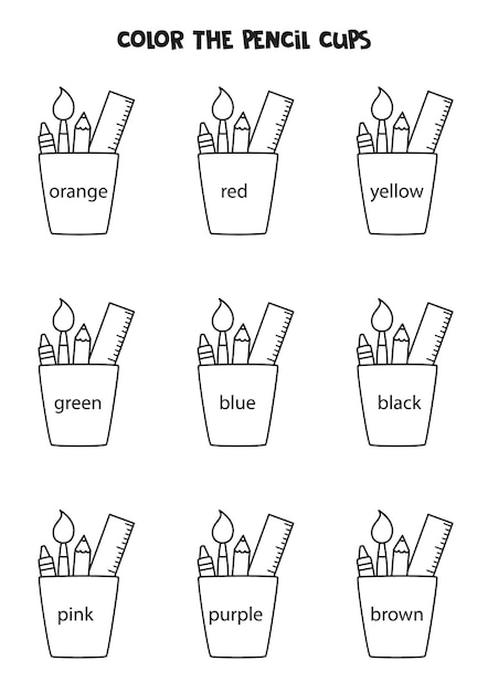 Premium vector read names of colors and color pencil cups educational worksheet