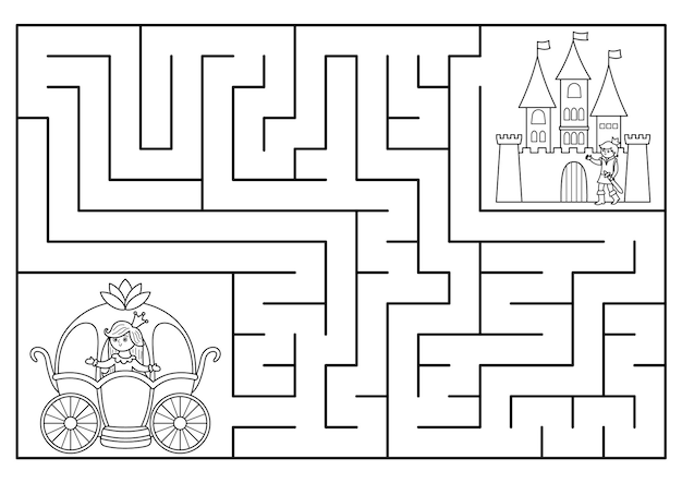 Premium vector fairytale black and white maze for kids with fantasy characters magic kingdom preschool printable activity with carriage castle geometric labyrinth game coloring page with princess princexa