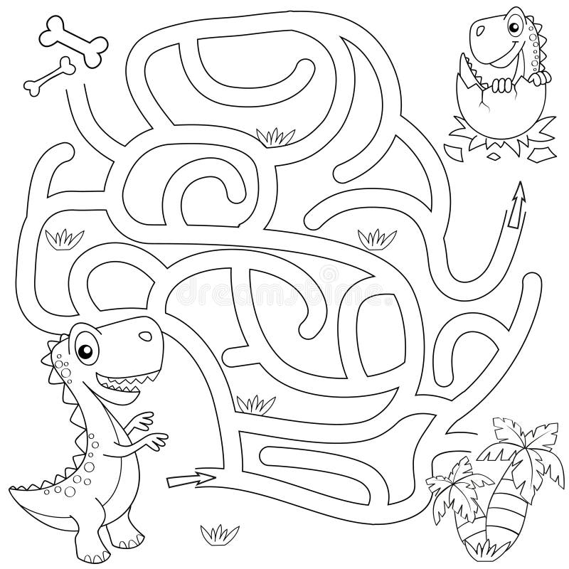 Help dinosaur find path to nest labyrinth maze game for kids stock vector