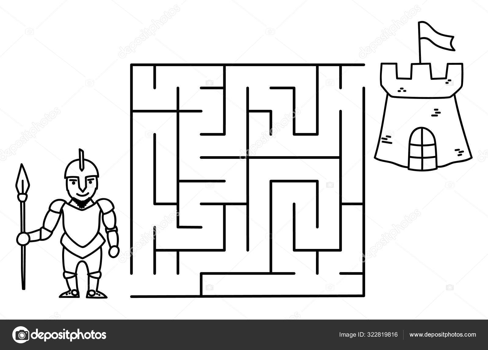 Pãginas para colorir preto labirinto cavaleiro dos desenhos animados e castelo crianãas jogo de arte educaãão modelo de design em fundo branco vetor
