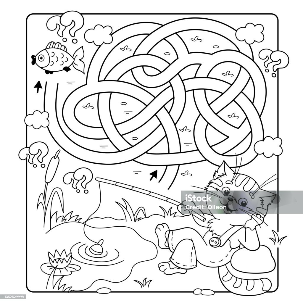 Labirinto ou labirinto jogo puzzle estrada emaranhada desenho de pãgina de colorir de peixes de desenhos animados mundo subaquãtico livro de colorir para crianãas royalty free svg cliparts vetores e ilustraããµes stock
