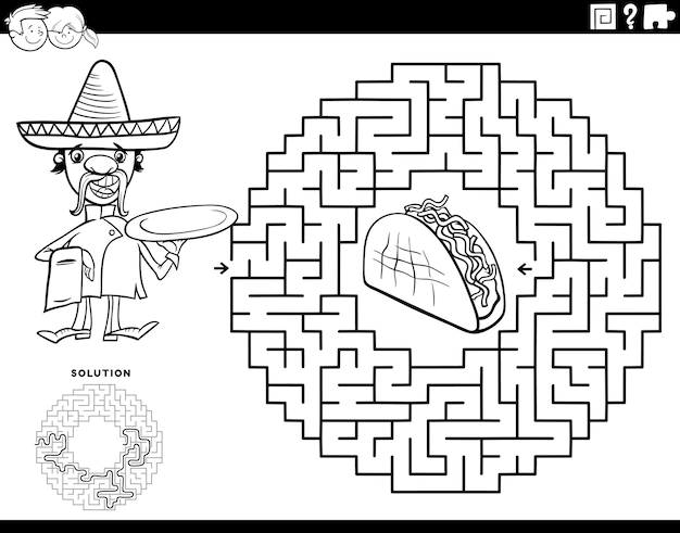 Labirinto personagem de chef de desenho animado taco para colorir e imprimir vetor premium
