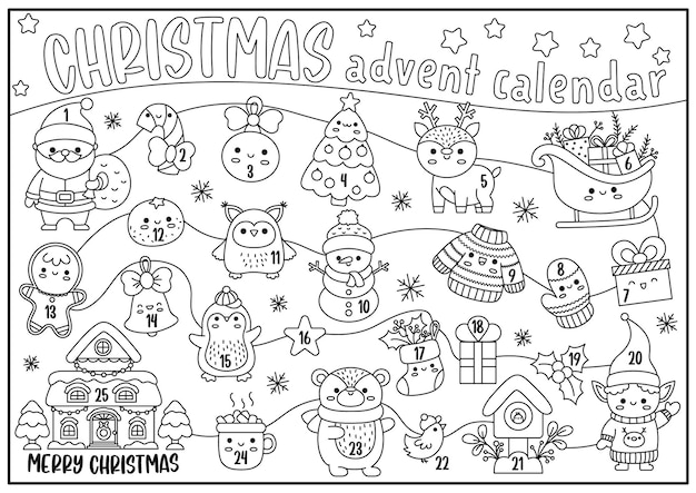 Labirinto natalizio vettoriale in bianco e nero e calendario per il conto alla rovescia dellavvento con simboli festivi linea kawaii winter planner per bambini pagina da colorare festiva di capodanno con babbo