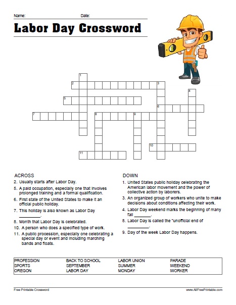 Labor day crossword â free printable