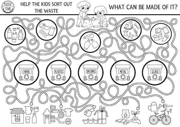 Premium vector ecological black and white maze for children with kids sorting out the rubbish earth day preschool activity zero waste labyrinth coloring page what can be made of wastexa
