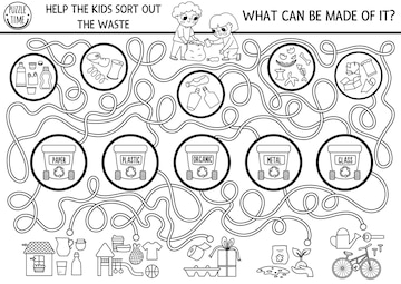 Premium vector ecological black and white maze for children with kids sorting out the rubbish earth day preschool activity zero waste labyrinth coloring page what can be made of wastexa