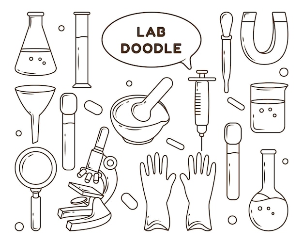 Conjunto de desenho de desenho de desenho de desenho de equipamento de laboratãrio desenhado ã mão vetor premium