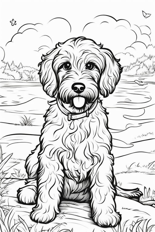 Line art cartoon drawing of one shaggy english sheepdog near a park bench