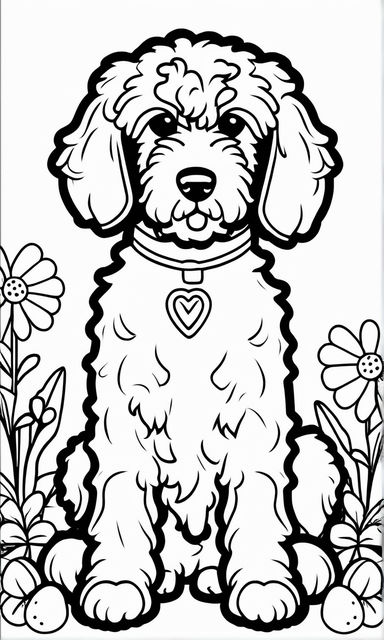 Coloring book page of a golden doodle puppy laying in grass