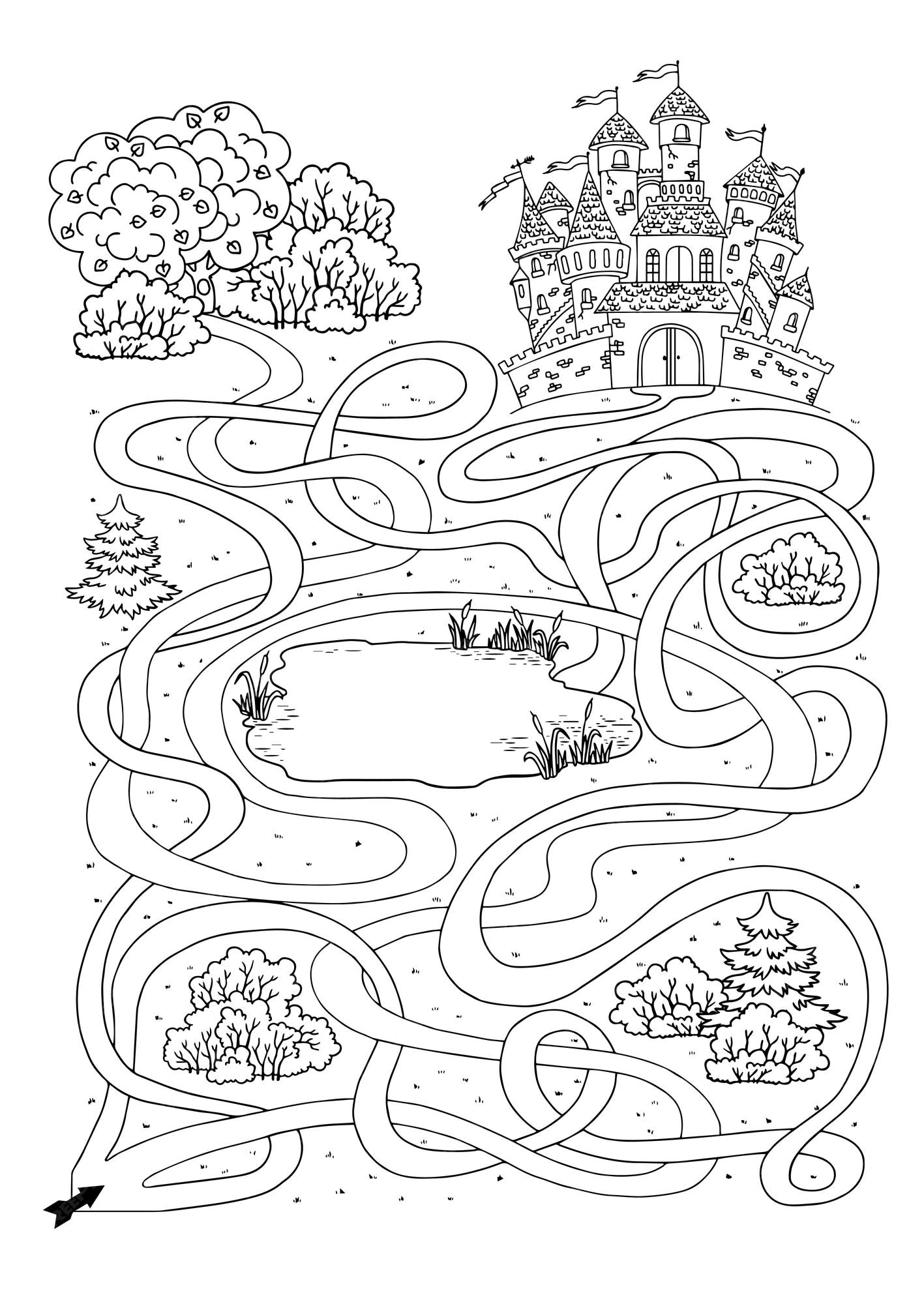 Premium vector vector coloring book page labyrinth game for children find the right way to the castle