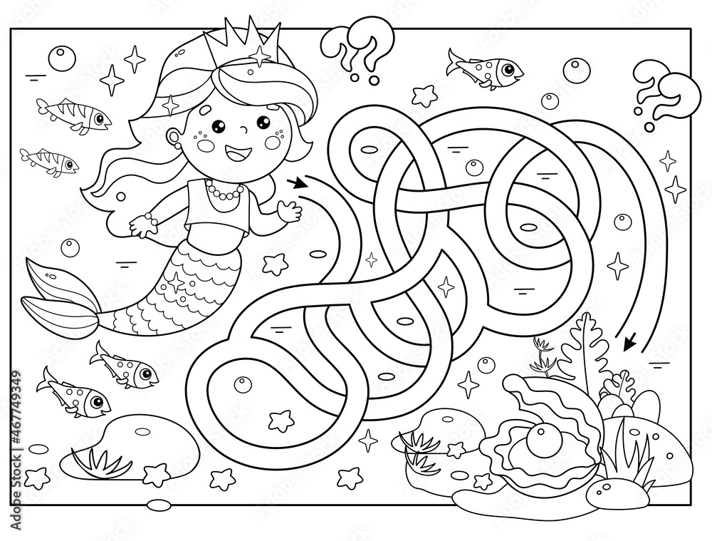 Maze or labyrinth game puzzle tangled road coloring page outline of cartoon beautiful little mermaid marine princess underwater world coloring book for kids vector