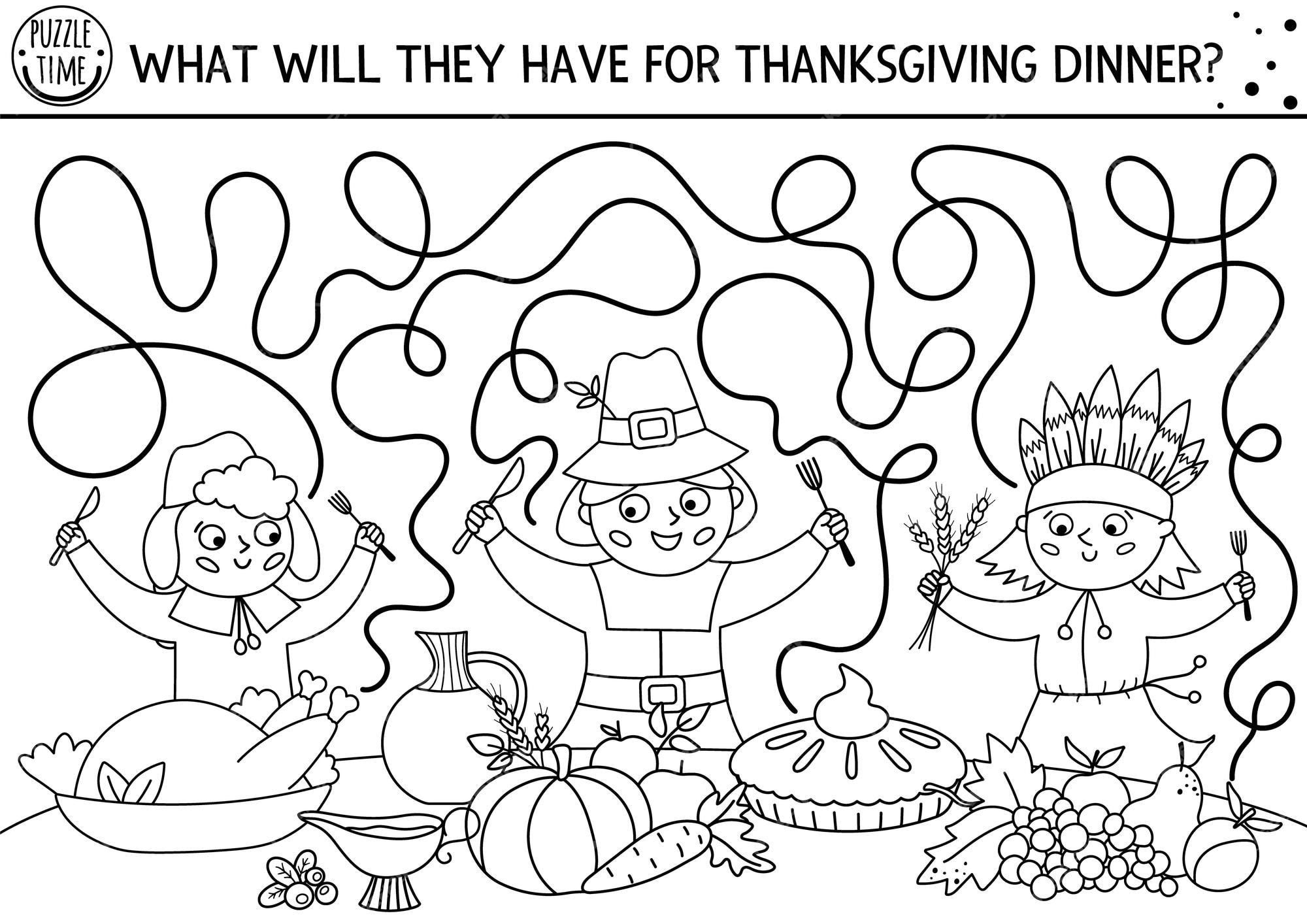 Premium vector thanksgiving black and white maze for children autumn holiday line printable activity fall labyrinth game or coloring page with first americans native indian holiday festive foodxa