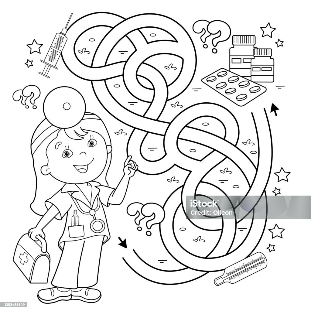 Maze or labyrinth game puzzle tangled road coloring page outline of cartoon doctor with medical tools coloring book for kids coloring book for kids stock illustration