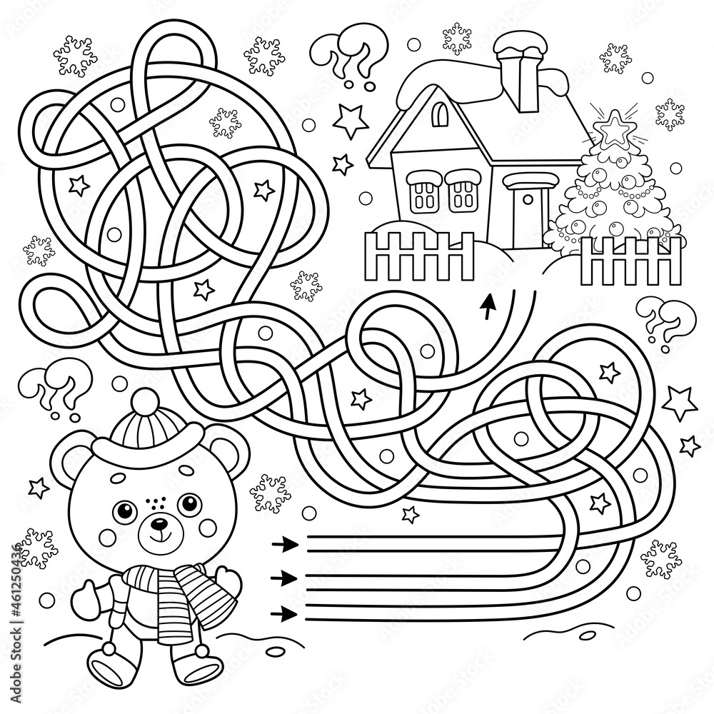 Maze or labyrinth game puzzle tangled road coloring page outline of little bear with christmas tree new year christmas coloring book for kids vector