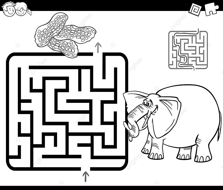 Black and white cartoon illustration of education maze or labyrinth game for children with elephant and peanuts coloring page template download on