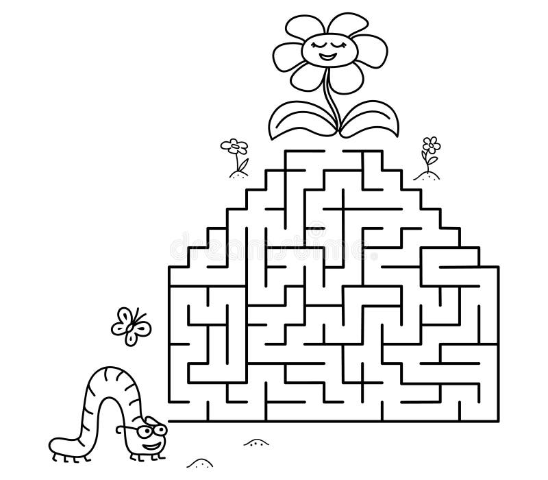 Black coloring pages with maze cartoon caterpillar and flower kids education game on white background outline vector stock illustration