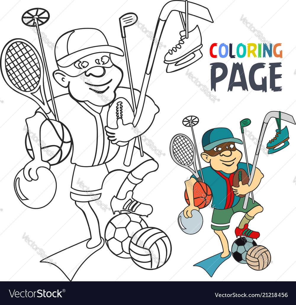 Coloring page with people bring sport tool cartoon